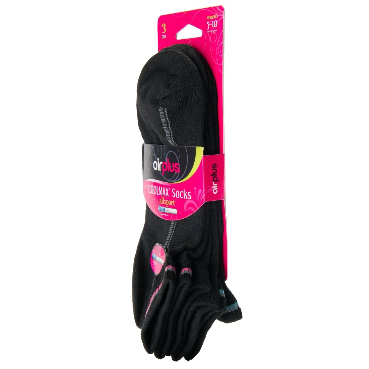 Airplus Women's No Show CoolMax Lightweight Socks, Black, Medium, 3 Pairs - Image 2