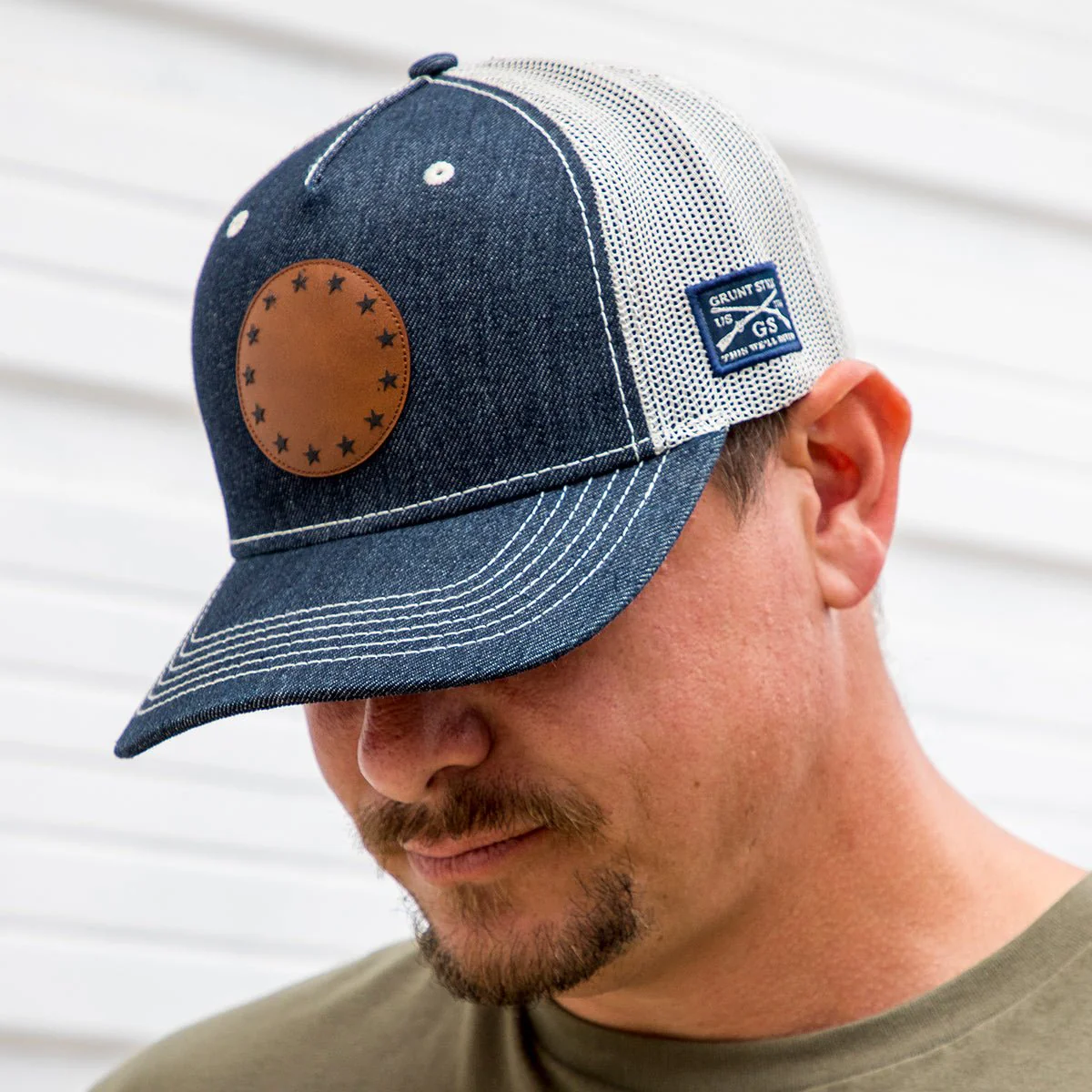 Grunt Style Betsy Ross Faux Leather Patch Denim Hat - Blue - Image 2
