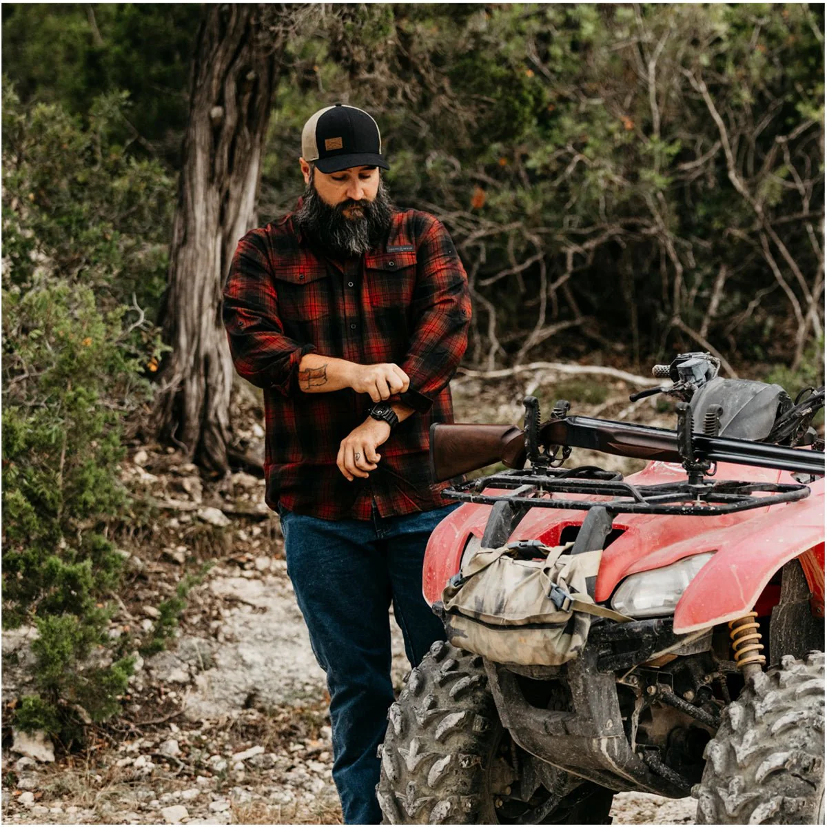 Grunt Style Plaid Flannel Long Sleeve Shirt - Crimson - Image 6