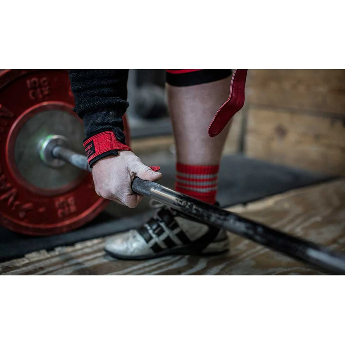 Harbinger 21" Padded Leather Weight Lifting Straps - Red - Image 2