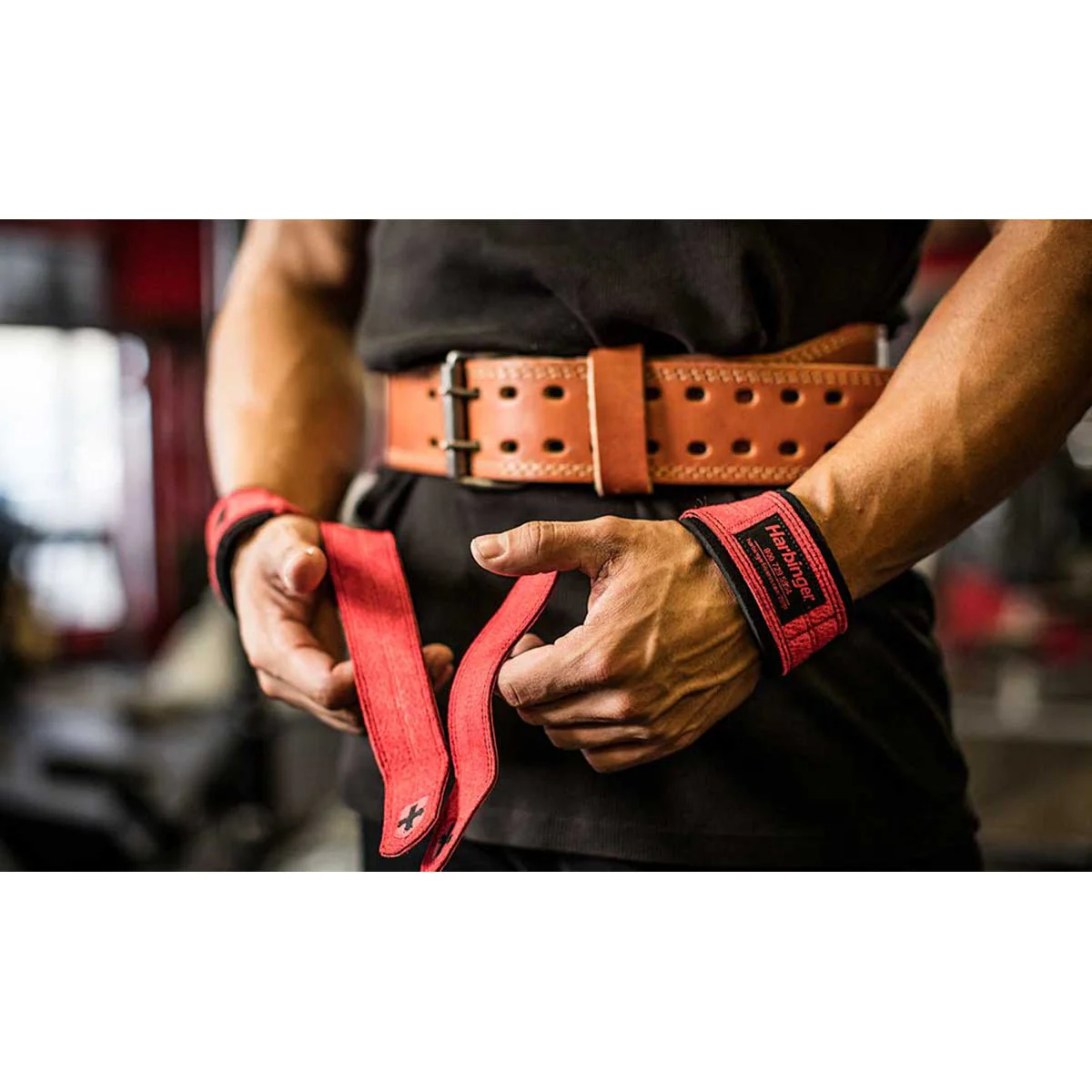 Harbinger 21" Padded Leather Weight Lifting Straps - Red - Image 3