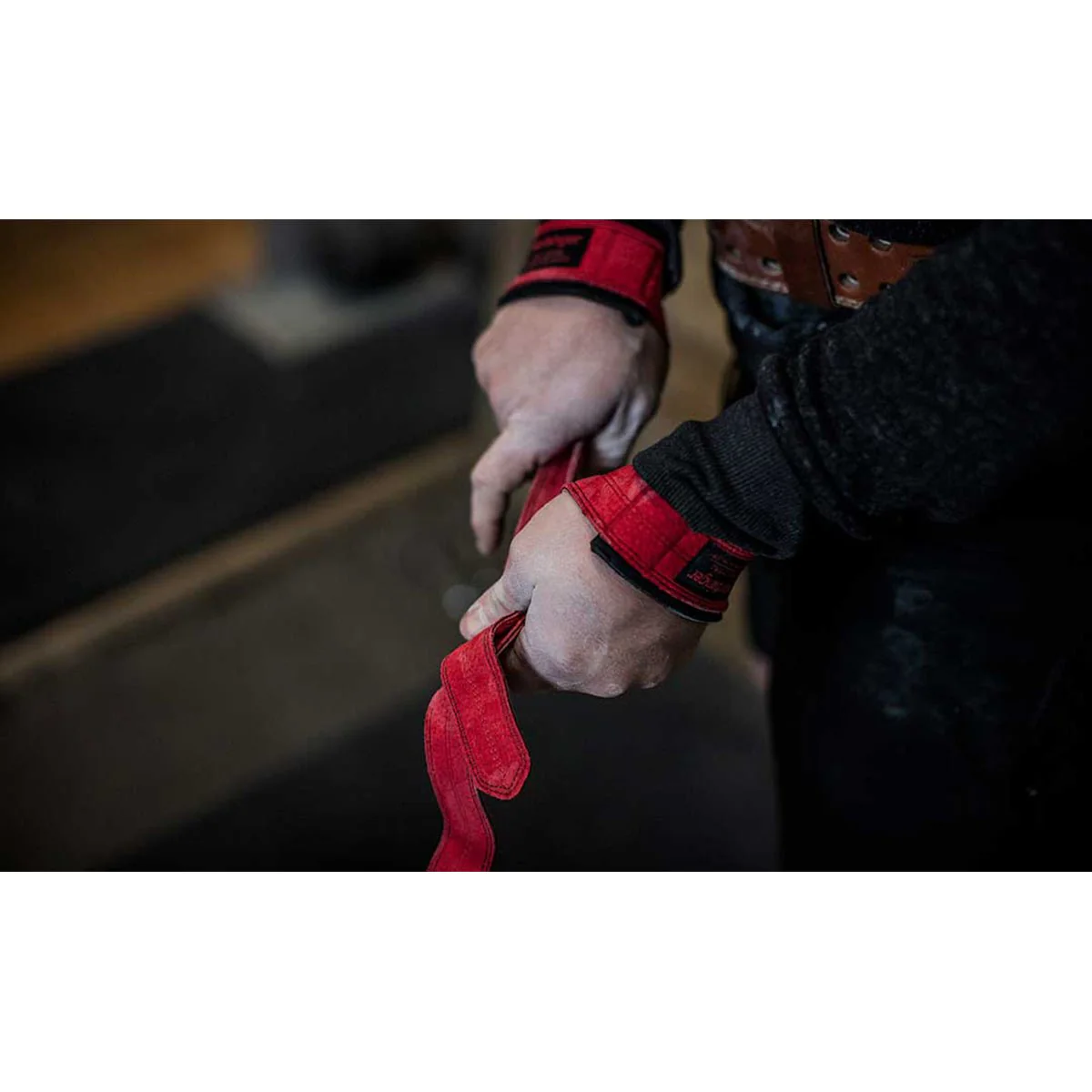 Harbinger 21" Padded Leather Weight Lifting Straps - Red - Image 4