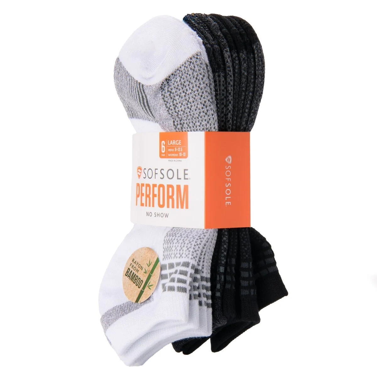 Sof Sole Performance No Show Bamboo Socks, Black/White/Gray, Large, 6 Pair - Image 2