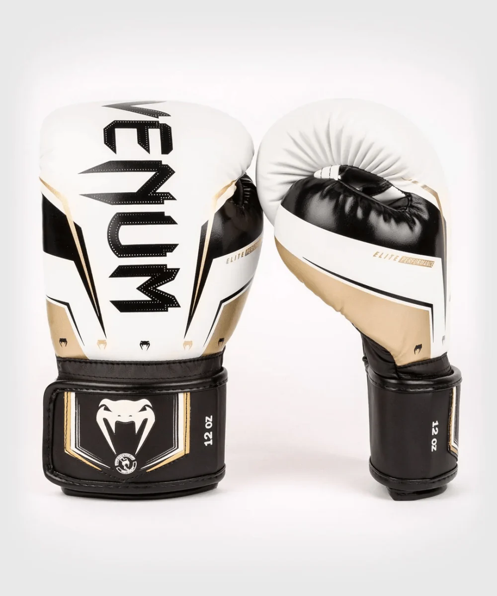 Venum Elite Evo Hook and Loop Boxing Gloves - White/Gold - Image 2