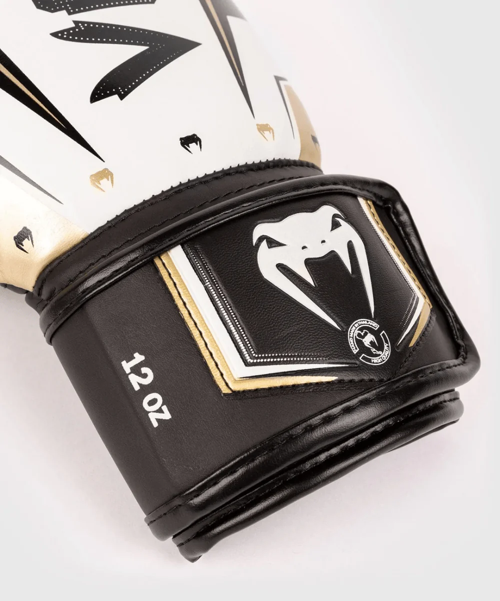 Venum Elite Evo Hook and Loop Boxing Gloves - White/Gold - Image 3