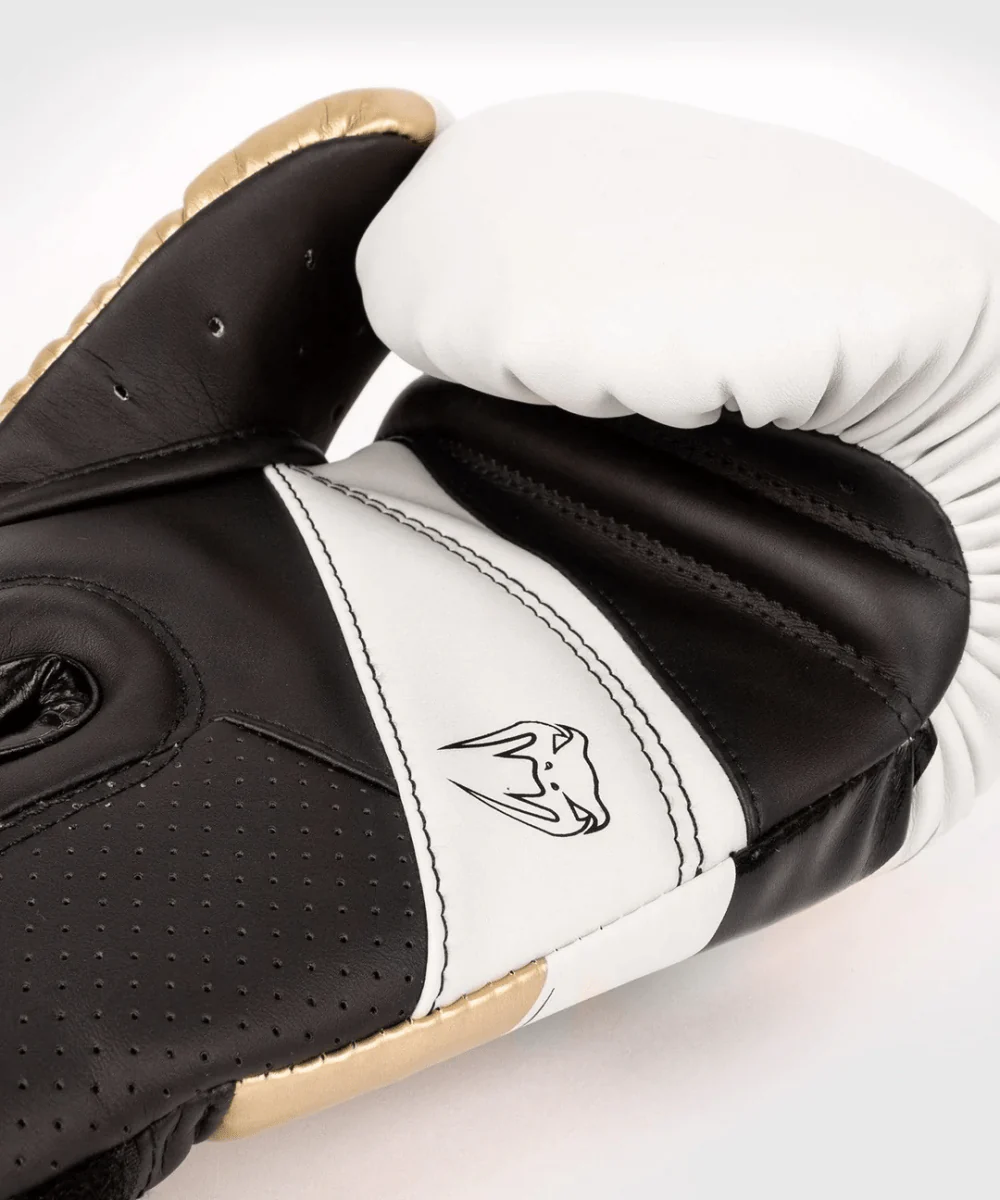 Venum Elite Evo Hook and Loop Boxing Gloves - White/Gold - Image 4