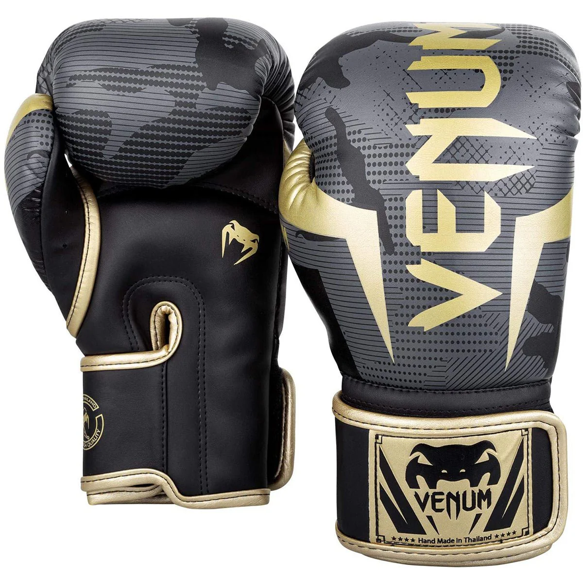 Venum Elite Hook and Loop Training Boxing Gloves - Dark Camo/Gold - Image 2