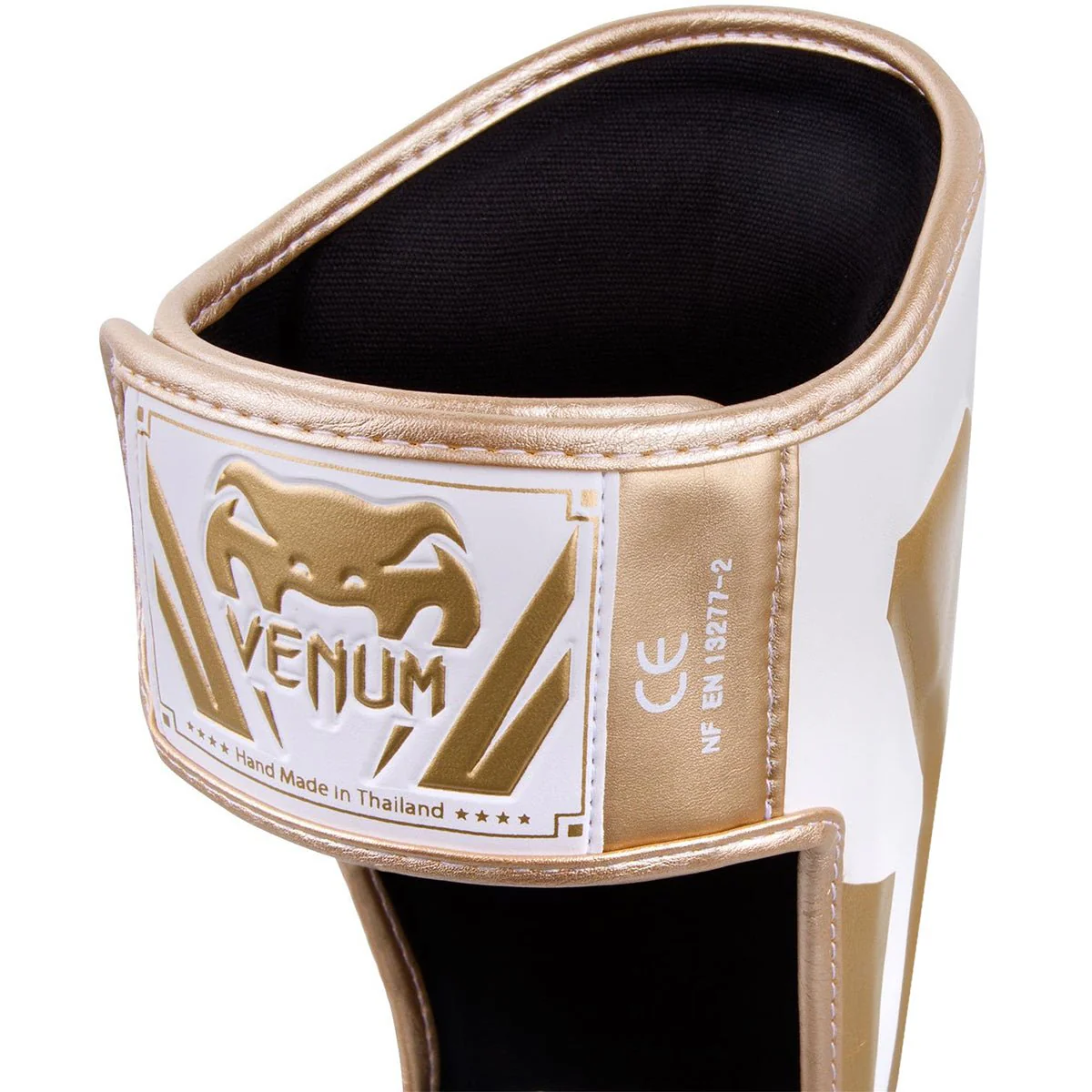 Venum Elite Lightweight Hook and Loop Shin Guards - White/Gold - Image 3